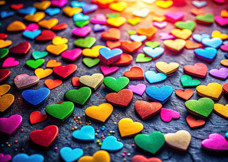 Festive Love: Colorful Heart Shapes Scattered on Dark Backgroundの素材