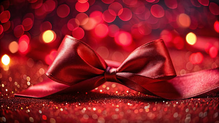 Festive Red Ribbon Decoration on Deep Red Background - Night Photographyの素材