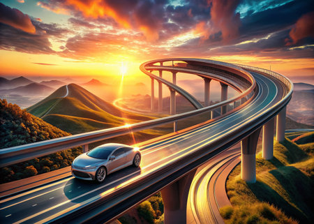 Futuristic Self-Driving Car on Surreal Highway, Autonomous Vehicle Innovationの素材
