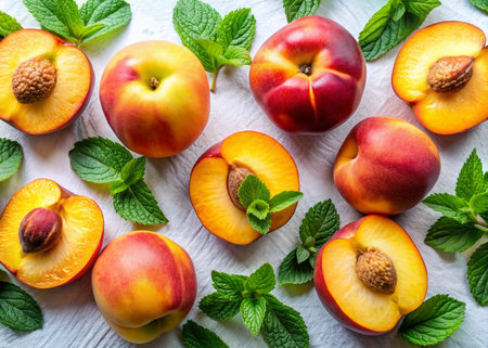 Fresh Peaches &amp; Mint Flat Lay: Vibrant Summer Fruit Photographyの素材