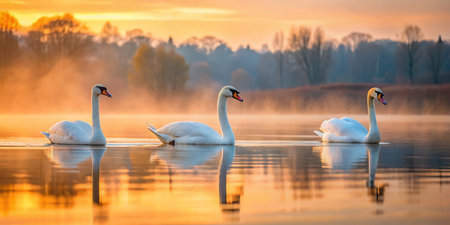 Graceful White Swans Swimming in a Serene Lake - Minimalist Wildlife Photographyの素材