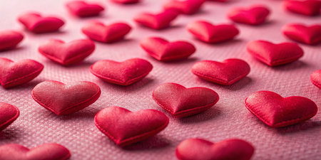 25 Tiny Red Fabric Hearts on Pink Background - Valentine's Day Romance Conceptの素材