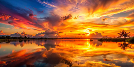 Abstract Sunset Sky Background: Orange Dawn &amp; Thailand's Golden Hour Hues - Copy Spaceの素材