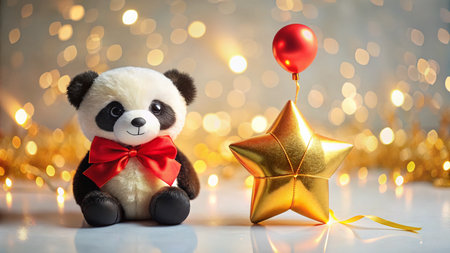 Adorable Panda Plush Toy with Star Balloon - Festive Tilt-Shift Photoの素材