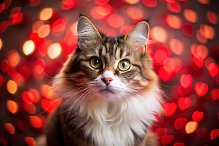 Adorable Kitten Portrait with Bokeh Hearts - Red Background Stock Photoの素材