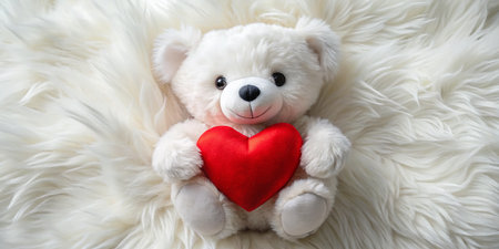 Adorable White Teddy Bear with Red Heart Valentine's Day Stock Photoの素材