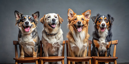 Adorable Smiling Dogs Sitting on Chair - Happy Pet Portraits, Gray Backgroundの素材