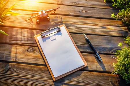 Aerial View: Clipboard, Pen, Paper Ready for Meeting Notes - Drone Photographyの素材