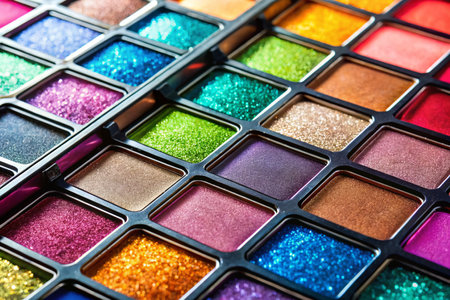Aerial View of Shimmering Eyeshadow Palette, Vibrant Makeup Colorsの素材