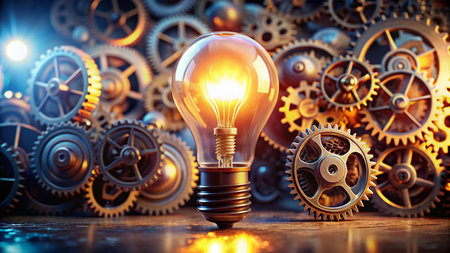 Bright Ideas: Glowing Light Bulb &amp; Gears - Business Innovation Stock Photoの素材