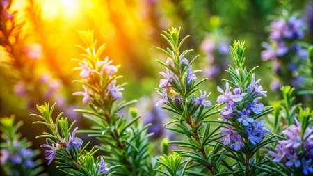 Aerial View of Blooming Rosemary Bush in Garden - Drone Photographyの素材