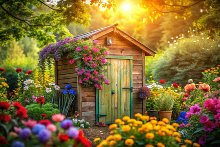 Colorful Wooden Garden Shed with Blooming Flowers and Lush Foliage - Bokeh Effect Stock Photoの素材
