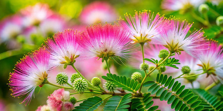 Delicate Pink and White Acacia Blossoms, Spring Flowers, Floral Backgroundの素材