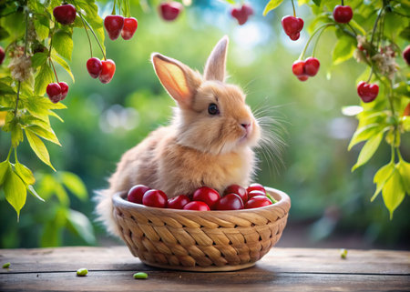 Cute Bunny in Wicker Bowl with Cherries - Adorable Long Exposure Stock Photoの素材