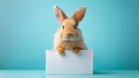 Cute Bunny Holding Blank Sign, Adorable Rabbit with Signboard, Solid Background, Customizable, Perfect for Textの素材