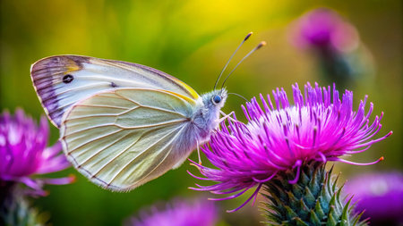 Delicate White Butterfly on Purple Thistle Flower - Macro Food Photographyの素材