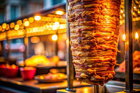 Delicious Doner Kebab Rotating on a Spit, Street Food Stall at Nightの素材