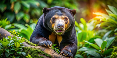 Endangered Malayan Sun Bear in Rainforest Habitat, Wildlife Conservationの素材