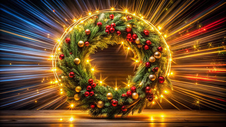 Festive Holiday Wreath Long Exposure Photography - Sparkling Christmas Decorationの素材