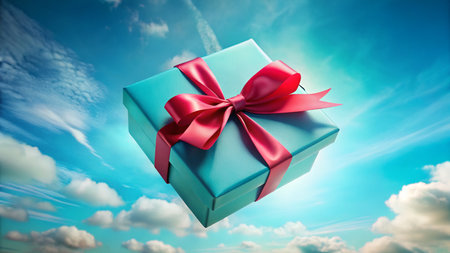 Floating Turquoise Gift Box with Crimson Ribbon - Aerial Drone Shotの素材