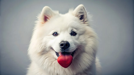 Funny Valentine's Day Samoyed Dog Portrait, Cute White Puppy with Heart Nose, Vintage Style Photoの素材