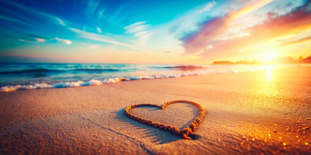 Miniature Heart Drawn in Sand on Beach - Romantic Love Concept Stock Photoの素材