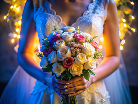 Night Wedding Bouquet: Bride's Hands, White Background, Elegant Floral Arrangementの素材