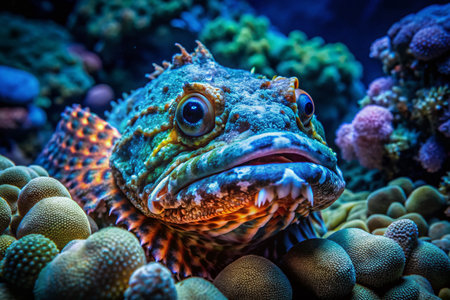 Nocturnal Underwater Wonders: Stonefish &amp; Coral Reef Beautyの素材