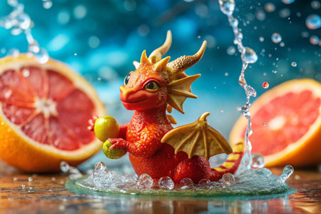 Playful Red Dragon Toy in Grapefruit Minimalist Photoの素材