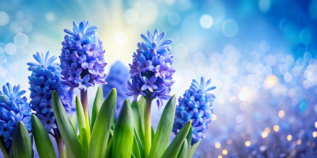 Spring Blue Hyacinth Flowers Flat Lay, White Background, Bokeh Effect, Top Viewの素材