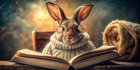 Surreal Cozy Rabbit Reading Book in Knit Sweater and Glassesの素材