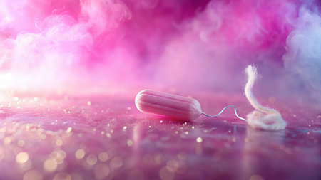 Surreal Pink Background with Floating Tampon: Abstract Feminine Hygiene Product Photographyの素材