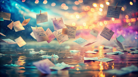 Surreal Photography: Delicate Handwritten Quotes on Floating Paper, Dreamy Pastel Colorsの素材