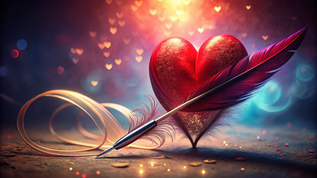 Surreal Red Calligraphic Heart Feather Pen Drawn Greeting Card Designの素材