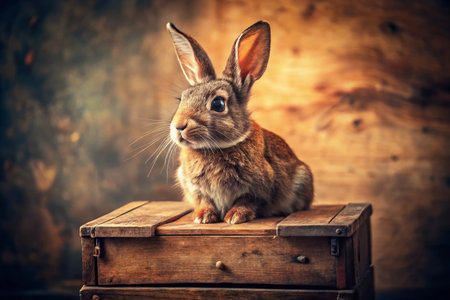 Vintage Photo of Cute Bunny Sitting on Wooden Crate, Head Tiltedの素材
