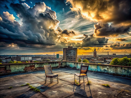 Abandoned Building Rooftop, Two Empty Chairs, Cloudy Sky - Urban Exploration Photographyの素材