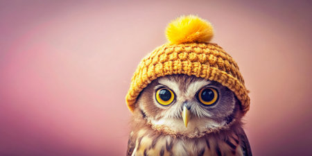Adorable Owl in Yellow Knit Hat, Soft Pink Background - Cute Bird Stock Photoの素材