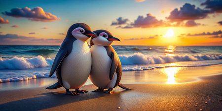 Adorable Penguin Couple on Tropical Beach Sunset Ocean Loveの素材