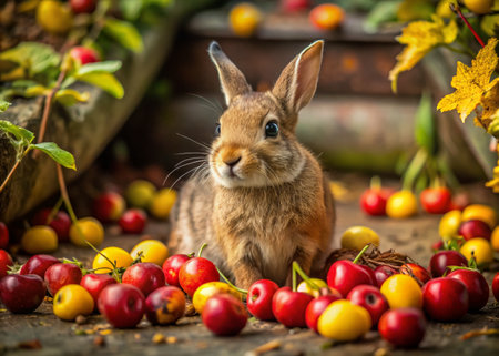 Adorable Rabbit with Cherries &amp; Apples: Urban Exploration Photographyの素材