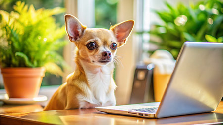 Adorable Tiny Chihuahua Working From Home on Laptop, Panoramic Viewの素材