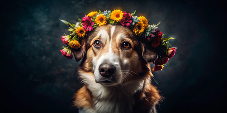 Aerial View of Dog Wearing Floral Garland, Dark Background - Drone Photographyの素材