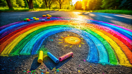 Aerial View of Vibrant Rainbow Crayon Drawing on Asphalt, Drone Photographyの素材