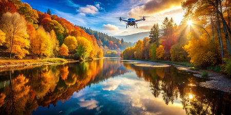 Autumn River Drone Shot: Low Angle Mobile Platform Double Exposureの素材