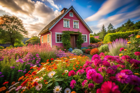 Charming Pink House, Vibrant Flowers, Long Exposure Photographyの素材