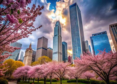 Chicago Skyscrapers Winter Park Low Angle Cloudy Sky Flowersの素材