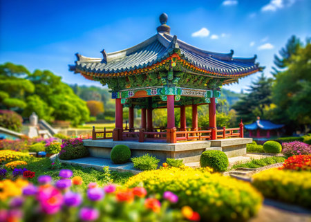 Charming Miniature Korean Friendship Bell Pavilion, Tilt-Shift Photographyの素材