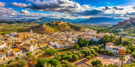 Breathtaking Panoramic View of Busot, Spain: Picturesque Countryside &amp; Historic Pueblo near Alicante &amp; El Campelloの素材