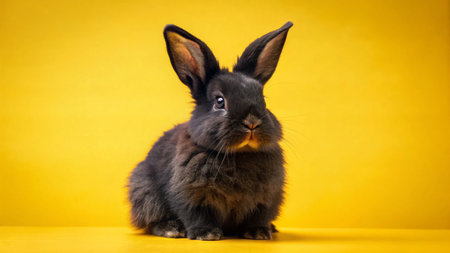 Cute Black Bunny on Yellow Background - Adorable Pet Rabbit Stock Photoの素材