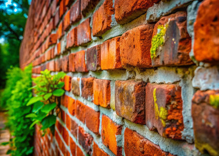 Crumbling Brick Wall, Urban Decay, Red Brick Texture, Grunge Background, Weathered Building Facadeの素材