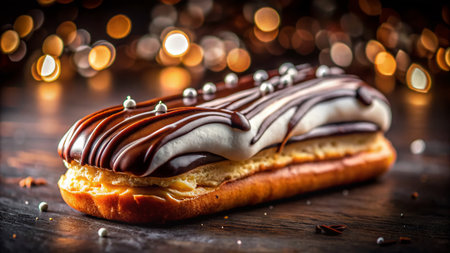 Delicious Chocolate Eclair with Swirled Frosting - Night Photography Stock Photoの素材